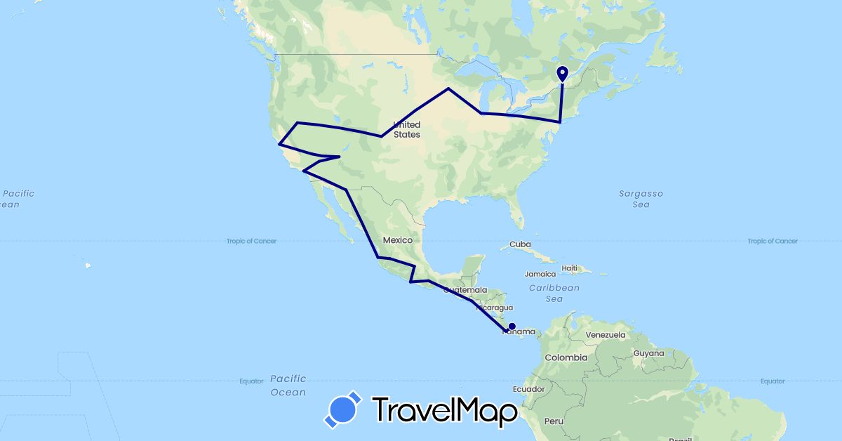 TravelMap itinerary: driving in Canada, Costa Rica, Mexico, Panama, El Salvador, United States (North America)